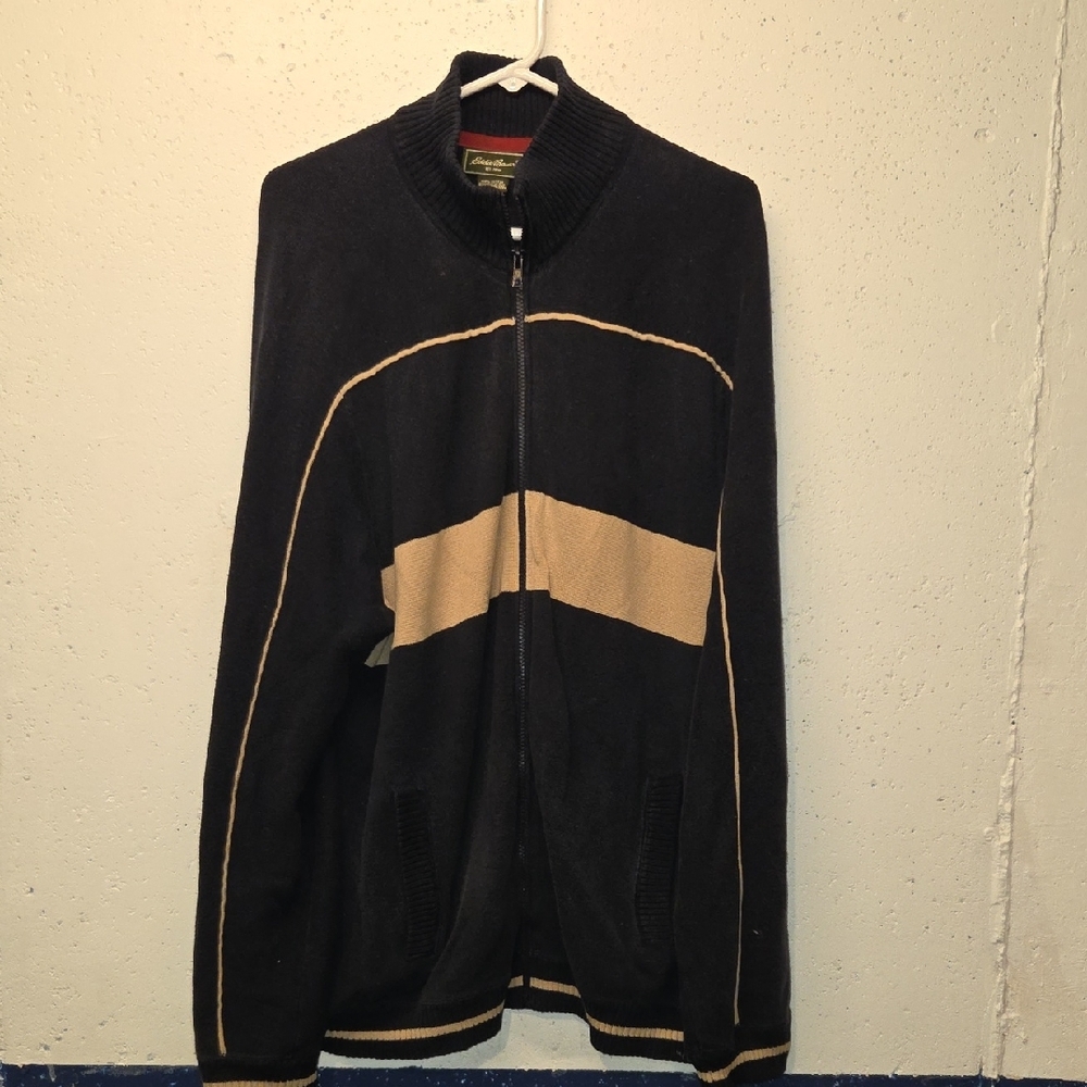 Eddie Bauer Black & Tan Zip-Up Sweater (XL)